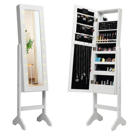 Mirrored Jewelry Cabinet Armoire Organizer w/ LED lights, White at Gallery Canada