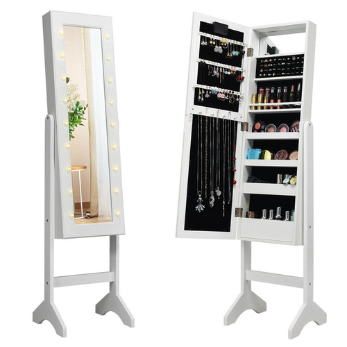 Mirrored Jewelry Cabinet Armoire Organizer w/ LED lights, White