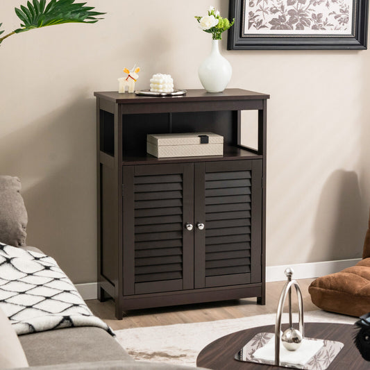 Wood Freestanding Bathroom Storage Cabinet with Double Shutter Door, Brown Floor Cabinets Brown at Gallery Canada