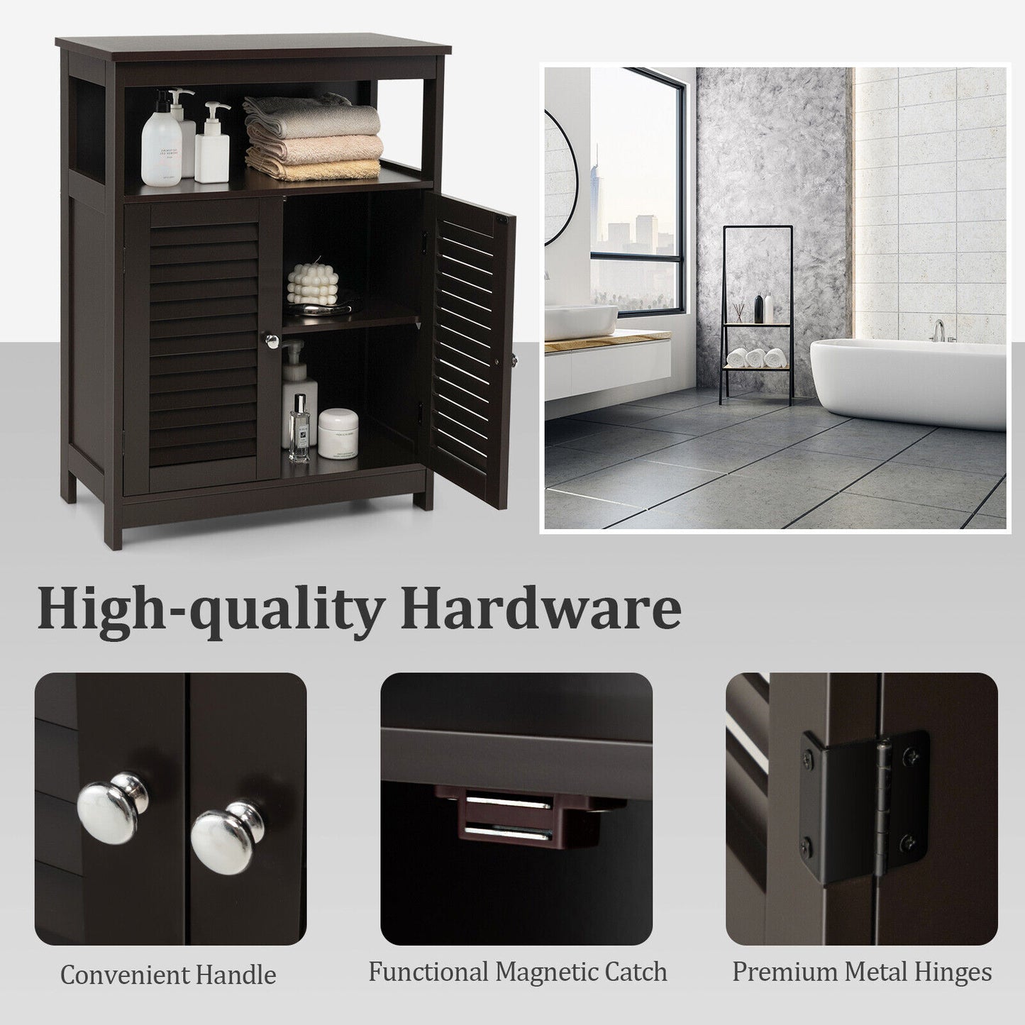 Wood Freestanding Bathroom Storage Cabinet with Double Shutter Door, Brown Floor Cabinets at Gallery Canada