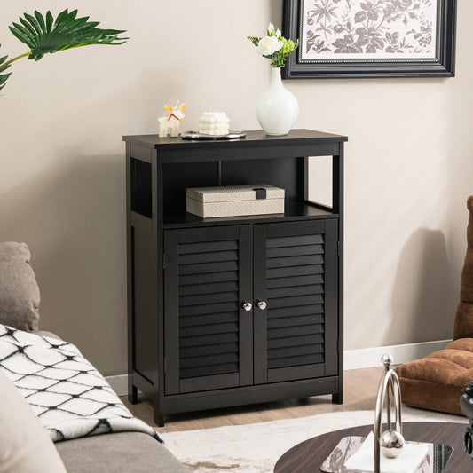 Wood Freestanding Bathroom Storage Cabinet with Double Shutter Door, Black Floor Cabinets Black at Gallery Canada