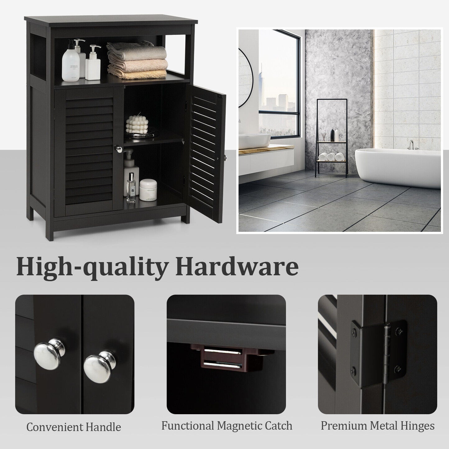 Wood Freestanding Bathroom Storage Cabinet with Double Shutter Door, Black Floor Cabinets at Gallery Canada