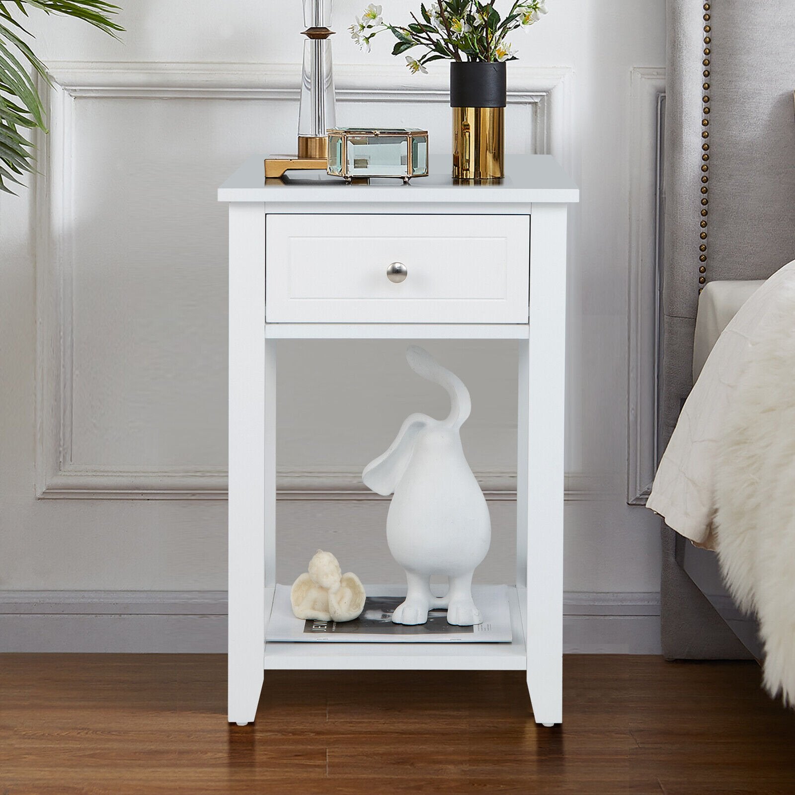 Storage End Bedside Drawer Nightstand w/ Bottom Shelf, White at Gallery Canada