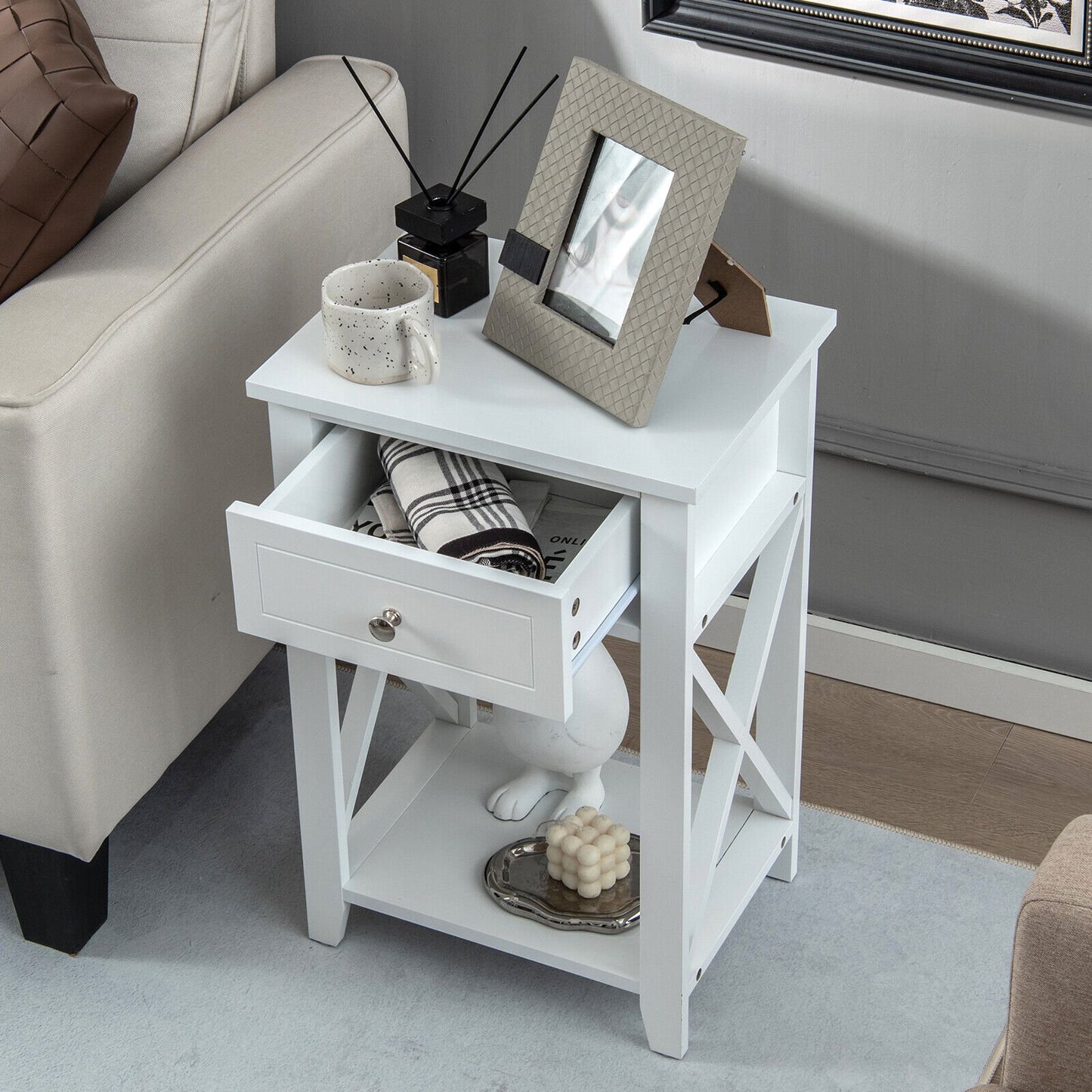 Storage End Bedside Drawer Nightstand w/ Bottom Shelf, White at Gallery Canada