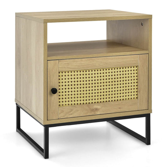 Wooden Side End Table with Cabinet and Rattan Decorated Door, Natural at Gallery Canada