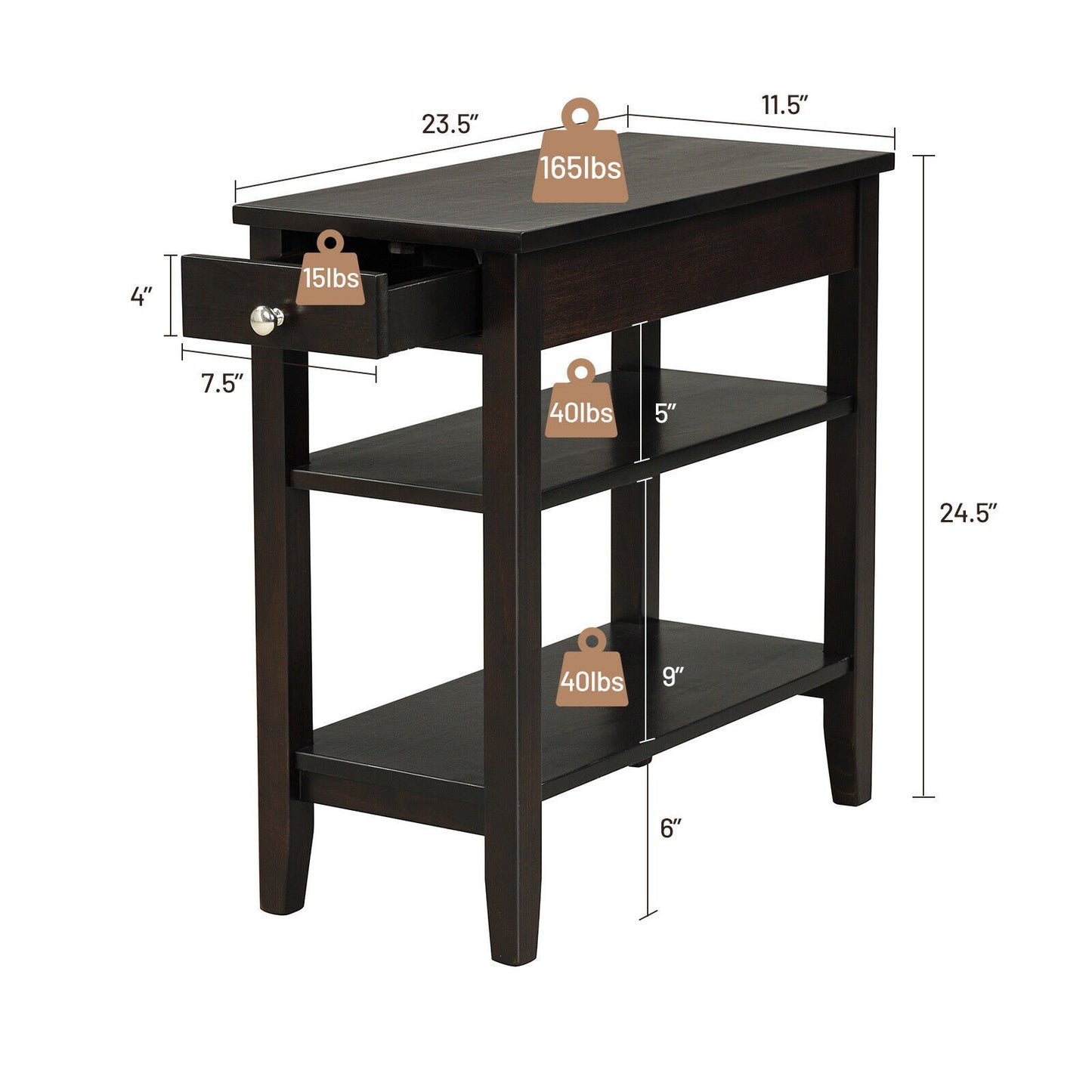 Side End Table with Drawer and 2-Tier Open Storage Shelves for Space Saving, Brown at Gallery Canada