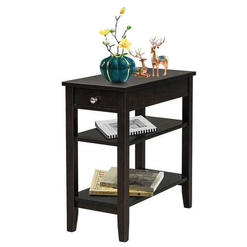 Side End Table with Drawer and 2-Tier Open Storage Shelves for Space Saving, Brown