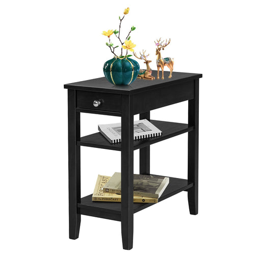 Side End Table with Drawer and 2-Tier Open Storage Shelves for Space Saving, Black