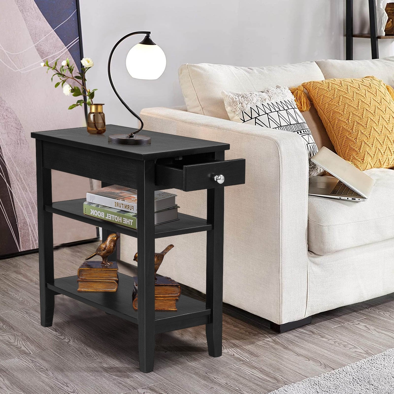 Side End Table with Drawer and 2-Tier Open Storage Shelves for Space Saving, Black at Gallery Canada