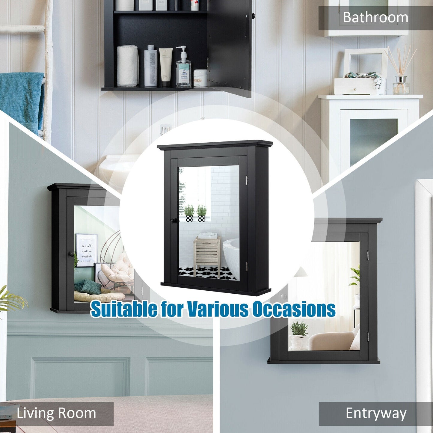 Wall Mounted Bathroom Mirror Cabinet, 5-Level Height-Adjustable Shelf, Black Wall Cabinets at Gallery Canada