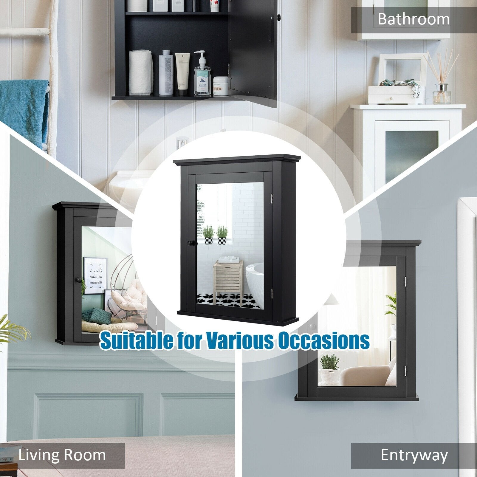 Wall Mounted Bathroom Mirror Cabinet with 5-level Height-adjustable Shelf, Black at Gallery Canada