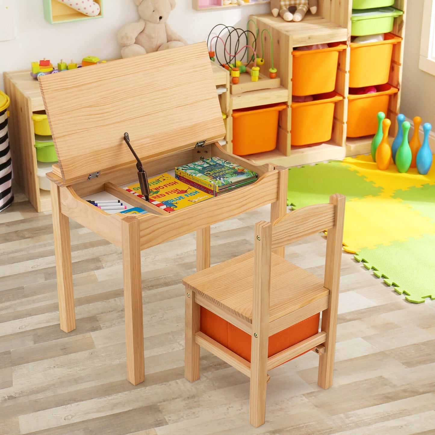 Wood Activity Kids Table and Chair Set with Storage Space, Natural