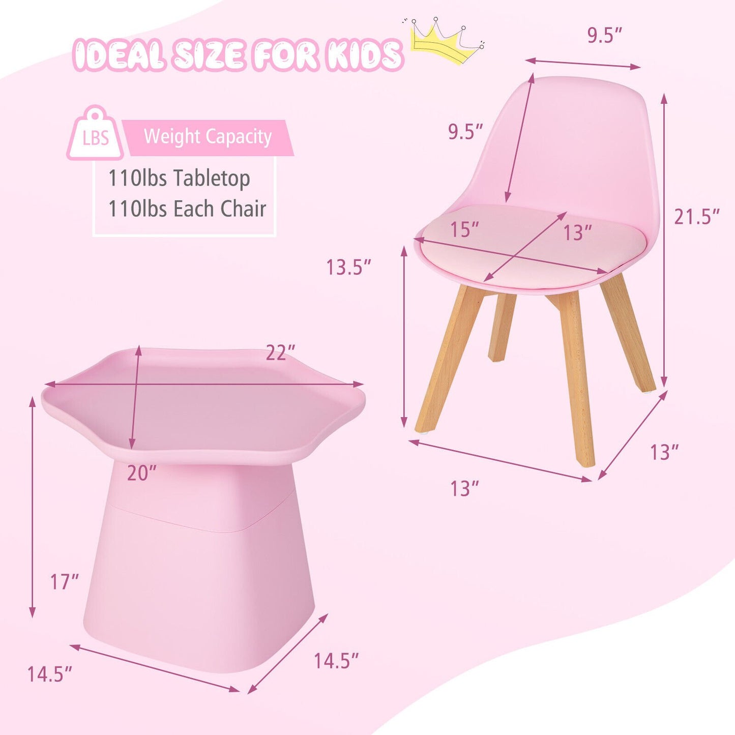 Wooden Kids Activity Table and Chairs Set with Padded Seat, Pink