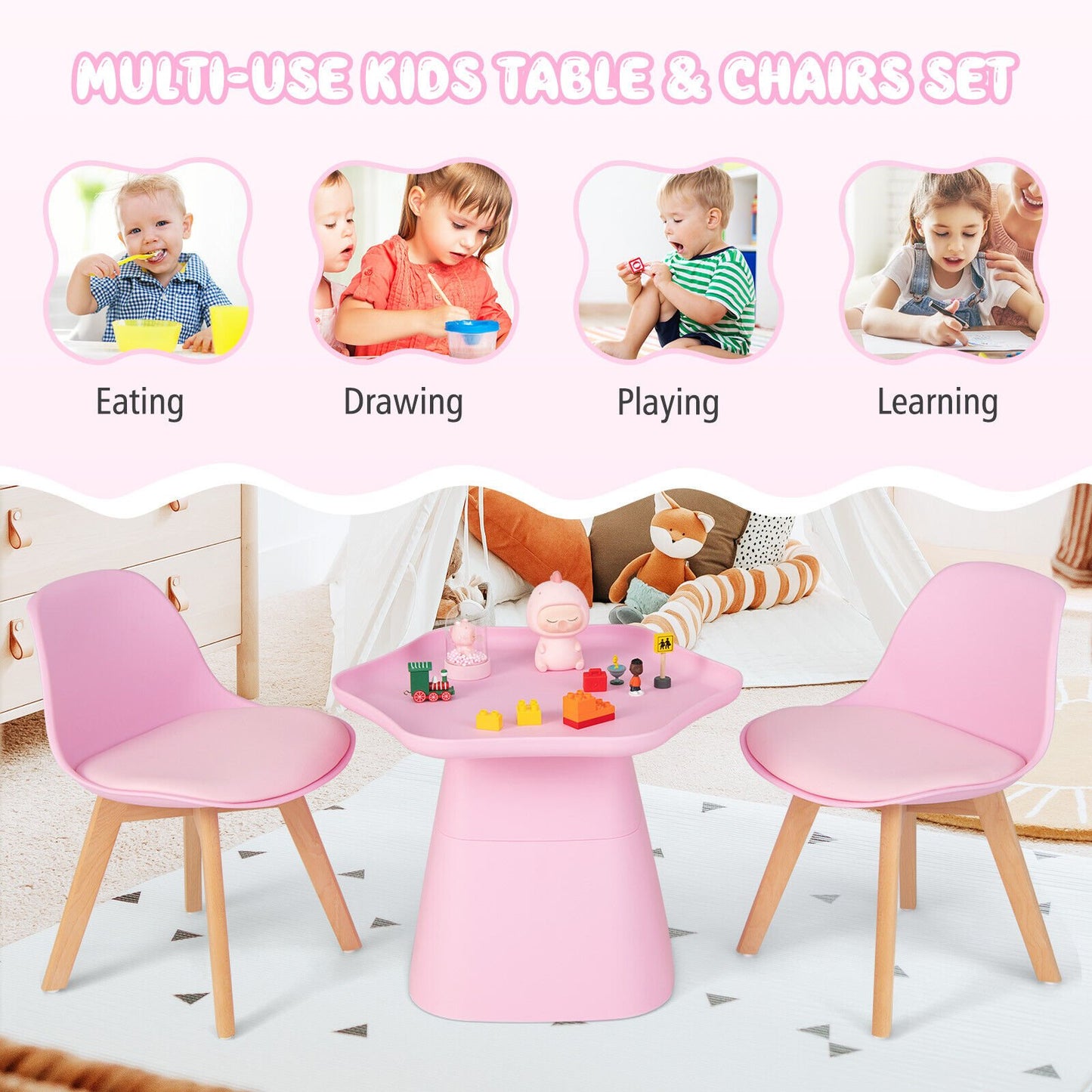 Wooden Kids Activity Table and Chairs Set with Padded Seat, Pink