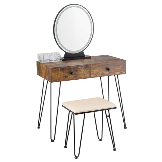 Industrial Makeup Dressing Table with 3 Lighting Modes, Rustic Brown
