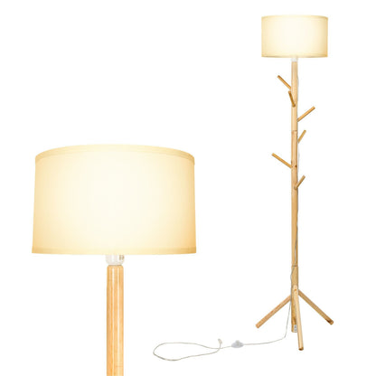 Multifunctional Wood Floor Light with 6 Hooks and E26 Lamp Holder, Golden