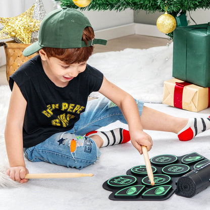Electronic Drum Set with 2 Build-in Stereo Speakers for Kids, Green