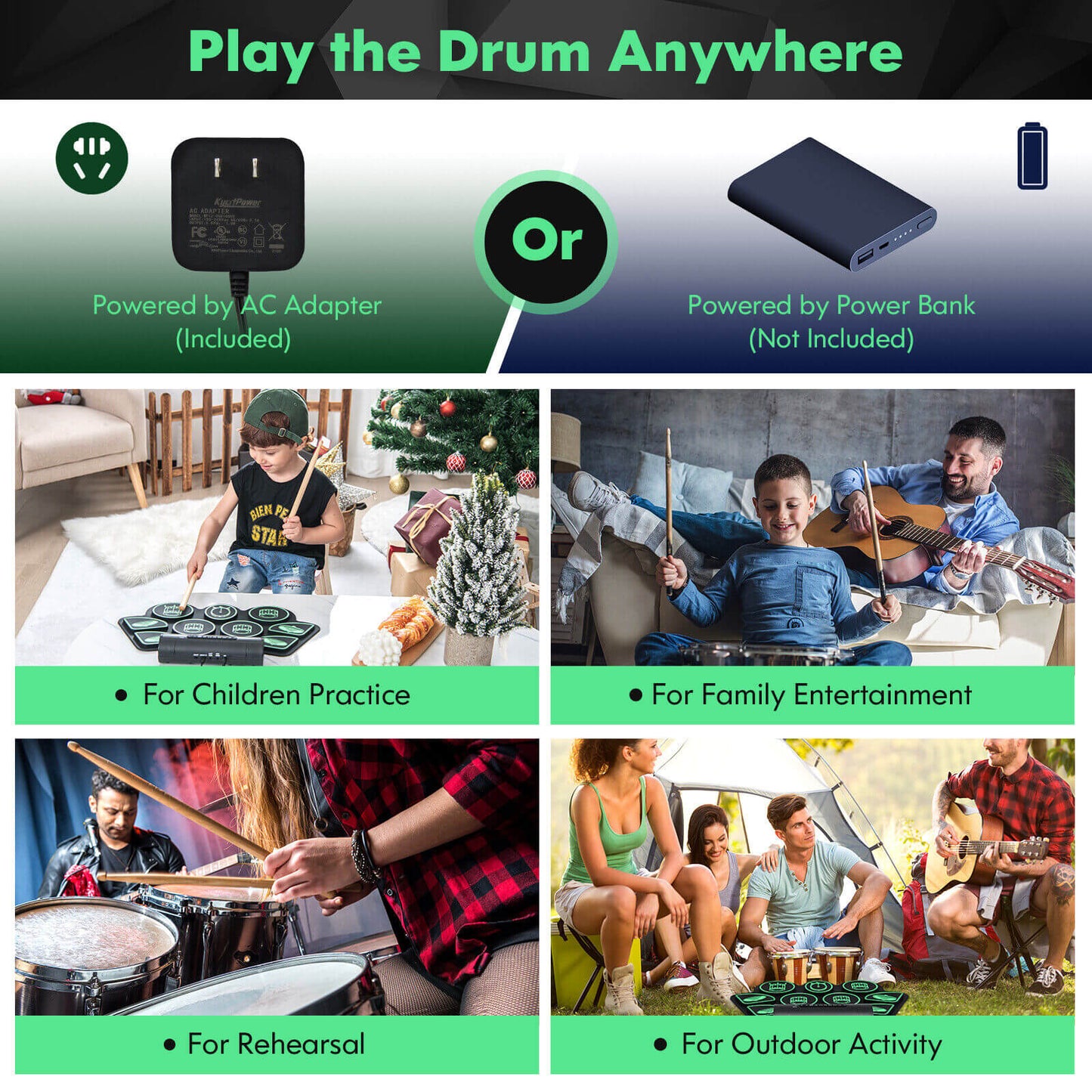 Electronic Drum Set with 2 Build-in Stereo Speakers for Kids, Green