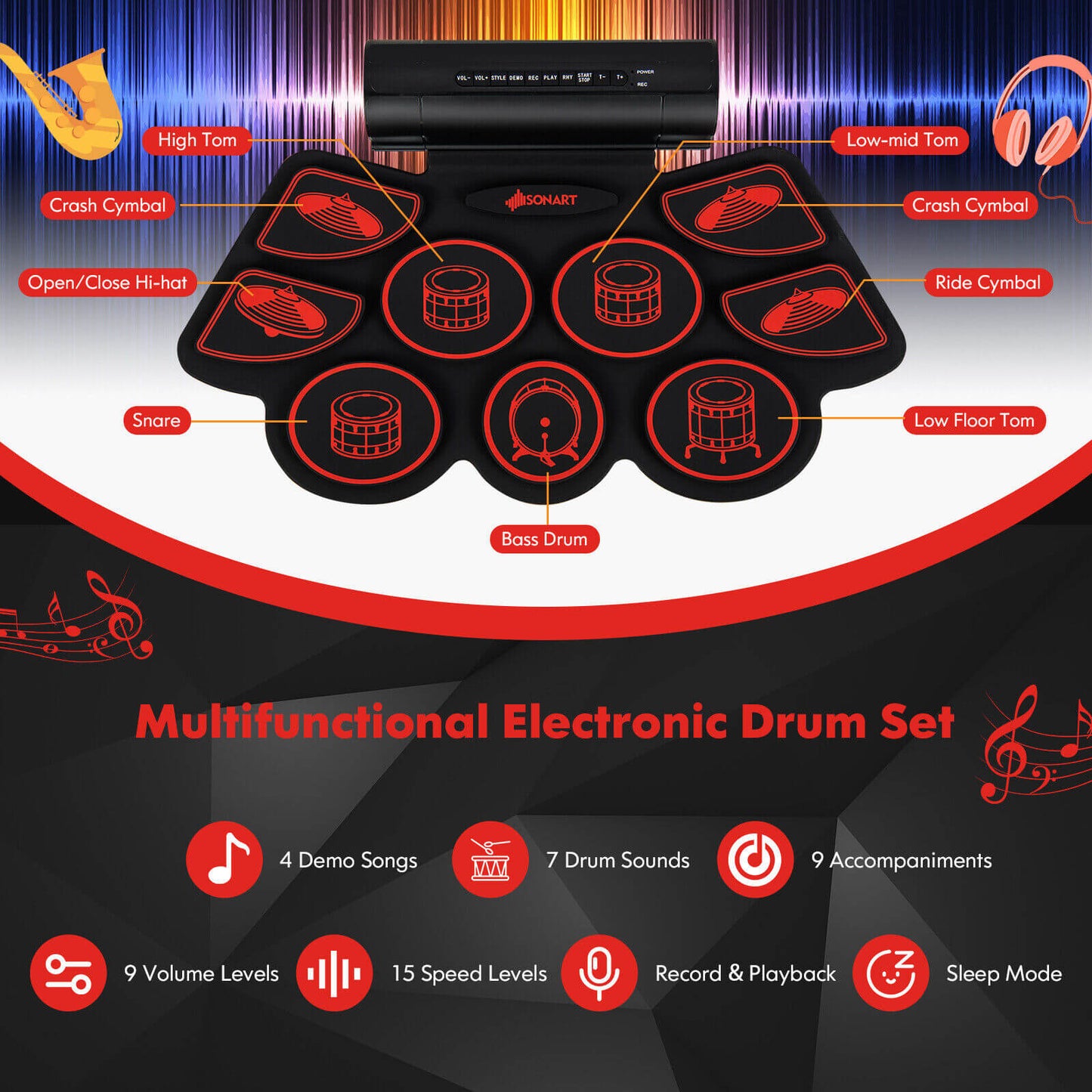 Electronic Drum Set with 2 Build-in Stereo Speakers for Kids, Red