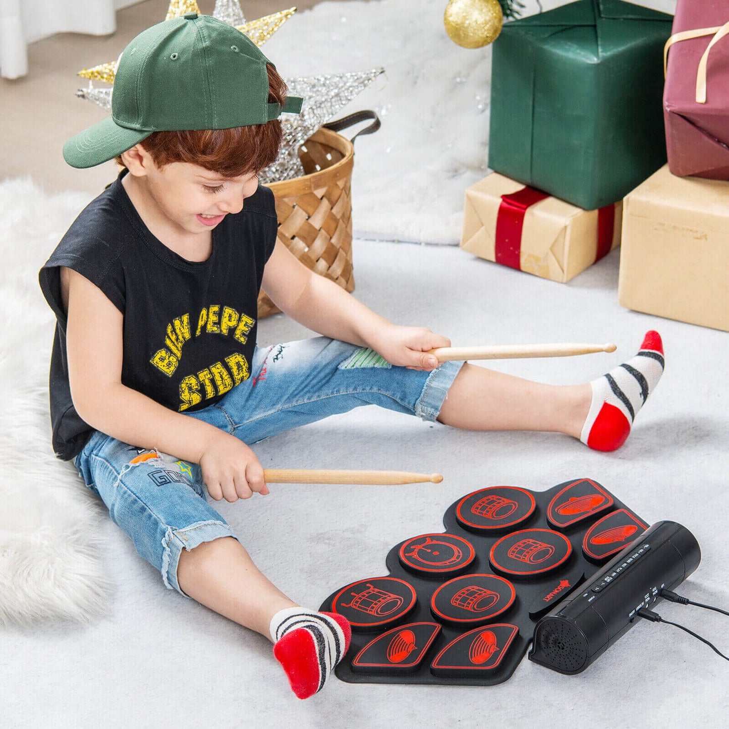 Electronic Drum Set with 2 Build-in Stereo Speakers for Kids, Red