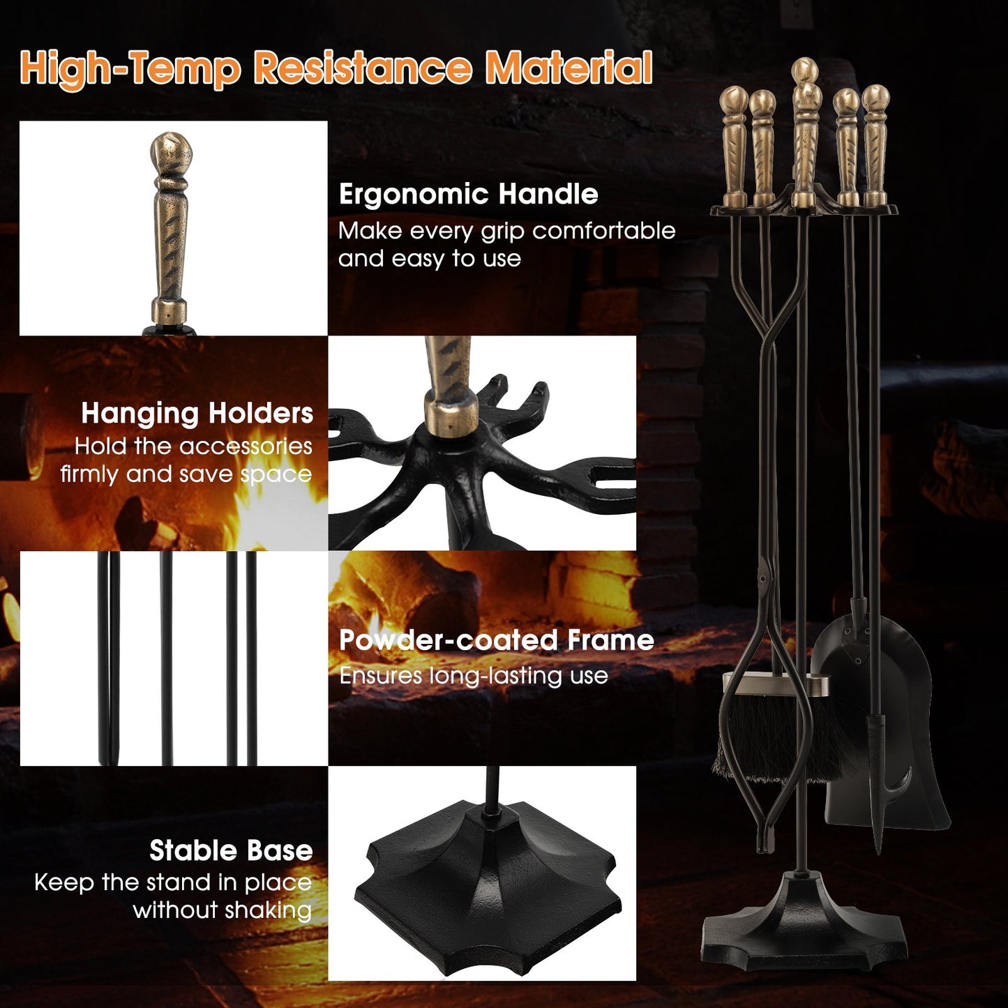 31 inch 5 Pieces Metal Fireplace Tool Set with Stand, Bronze