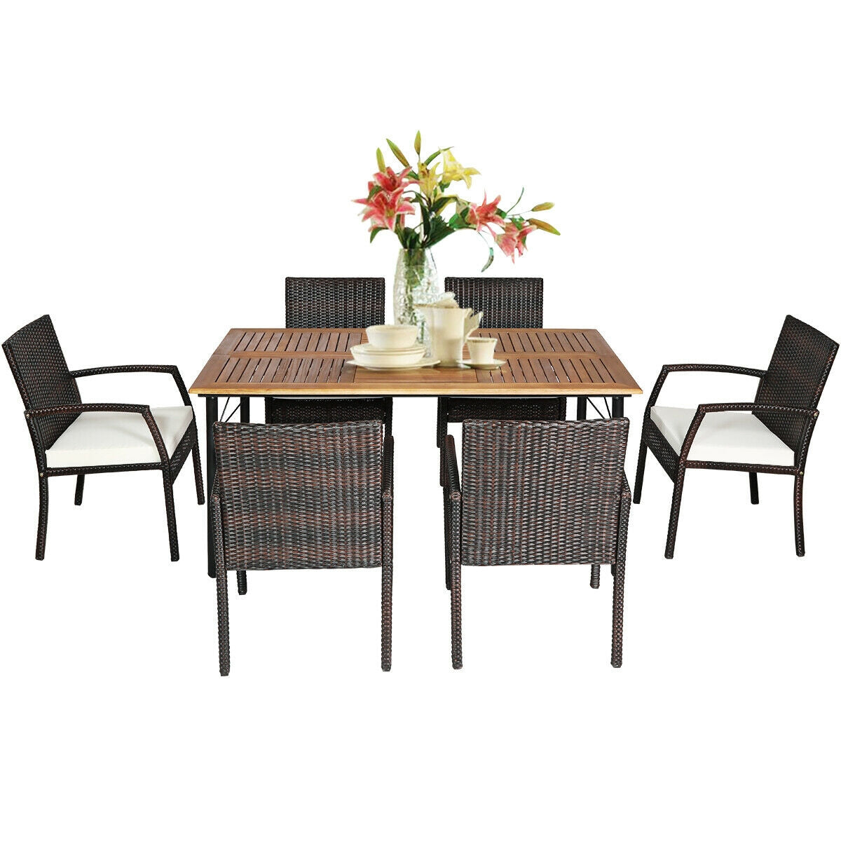 7Pcs Patio Rattan Dining Set, Cushioned, White, Warm White Patio Dining Sets at Gallery Canada