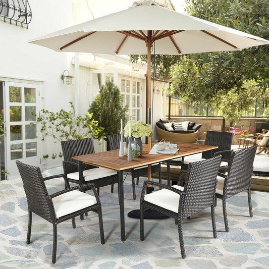 7Pcs Patio Rattan Dining Set, Cushioned, White, Warm White