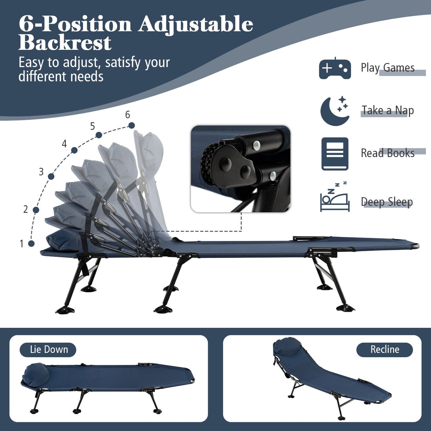 Folding Camping Cot with Detachable Mattress and Adjustable Backrest, Navy
