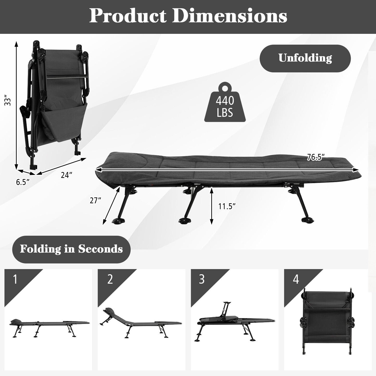 Folding Camping Cot with Detachable Mattress and Adjustable Backrest, Gray