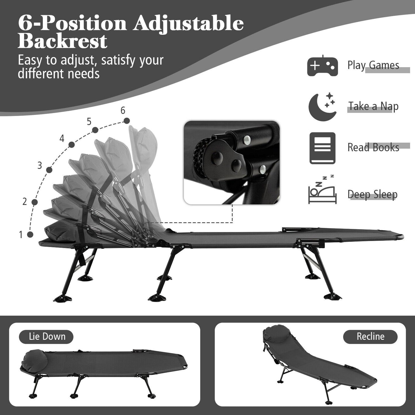 Folding Camping Cot with Detachable Mattress and Adjustable Backrest, Gray at Gallery Canada