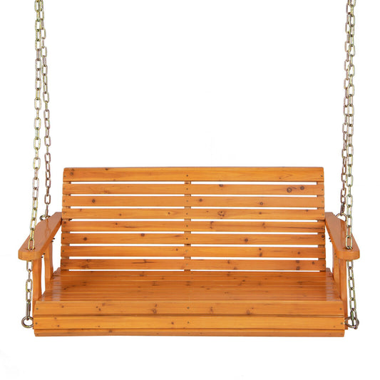2-Person Wooden Porch Swing with Hanging Chains for Garden Yard, Orange