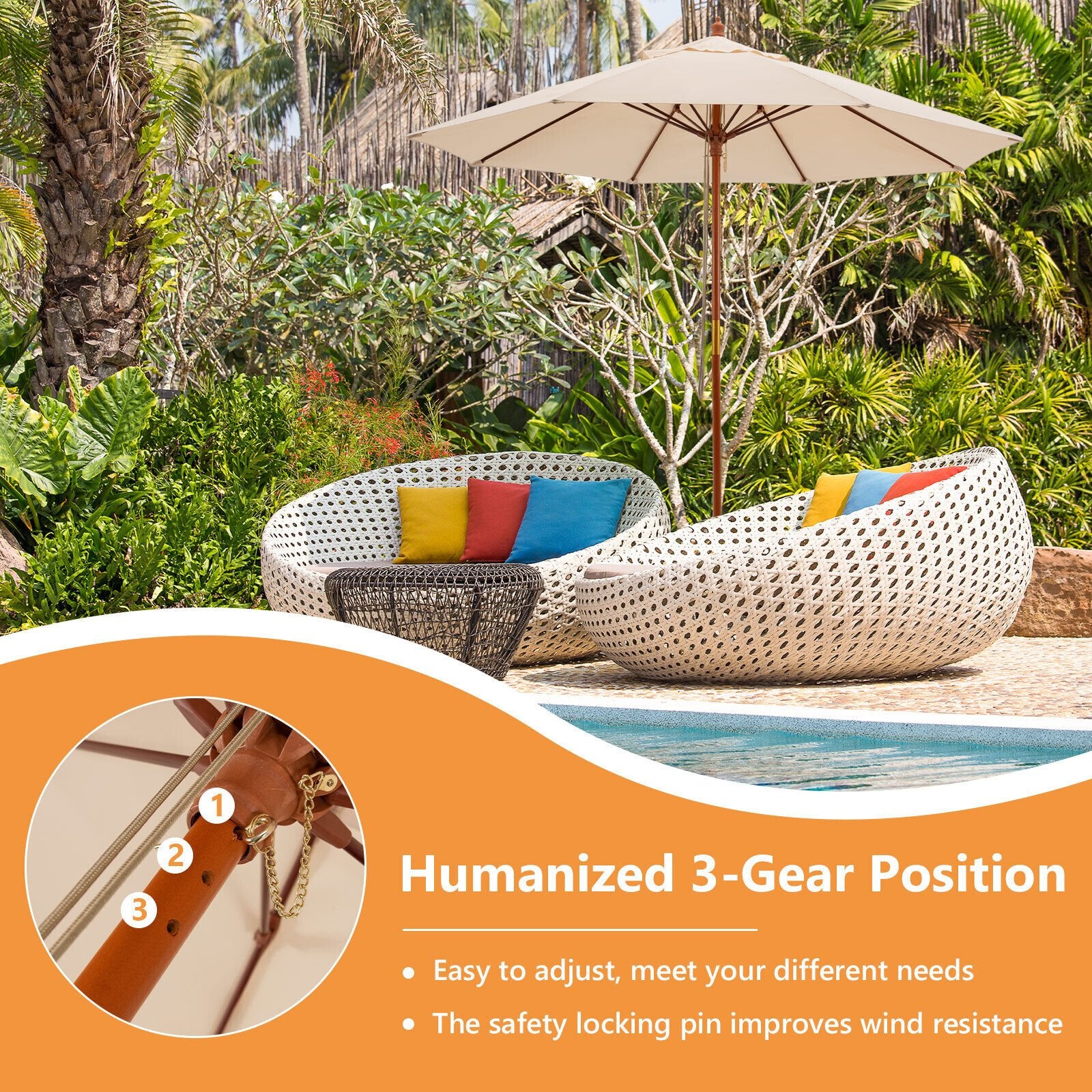 9.5 Feet Pulley Lift Round Patio Umbrella with Fiberglass Ribs, Beige at Gallery Canada