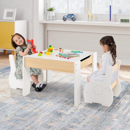 4-in-1 Wooden Activity Kids Table and Chairs with Storage and Detachable Blackboard, White