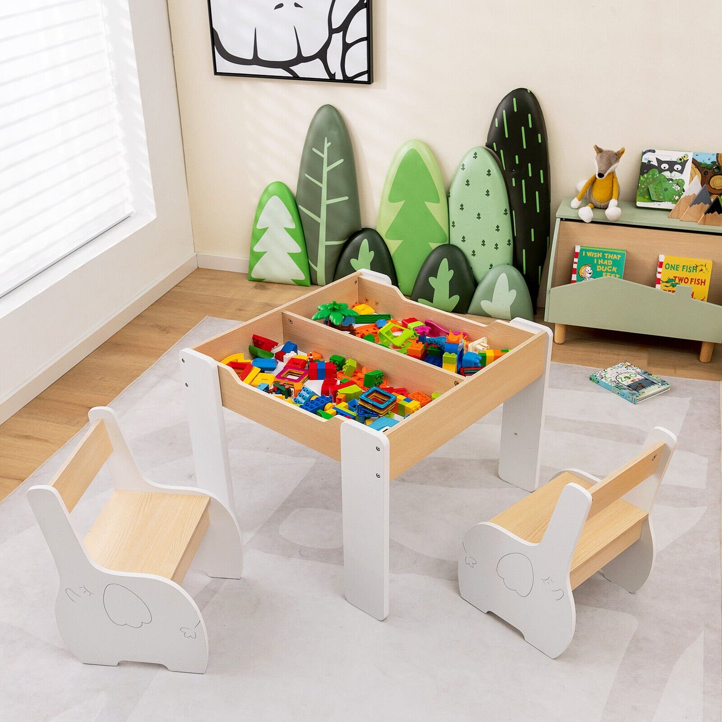 4-in-1 Wooden Activity Kids Table and Chairs with Storage and Detachable Blackboard, White