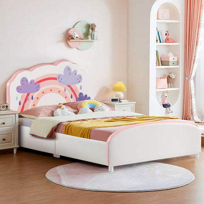Kids Twin Size Upholstered Platform Wooden Bed with Rainbow Pattern, White