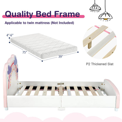 Kids Twin Size Upholstered Platform Wooden Bed with Rainbow Pattern, White
