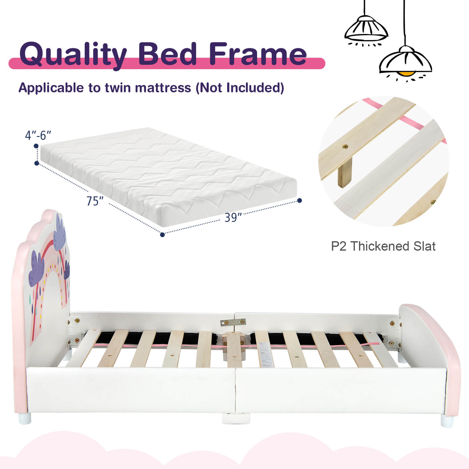 Kids Twin Size Upholstered Platform Wooden Bed with Rainbow Pattern, White at Gallery Canada