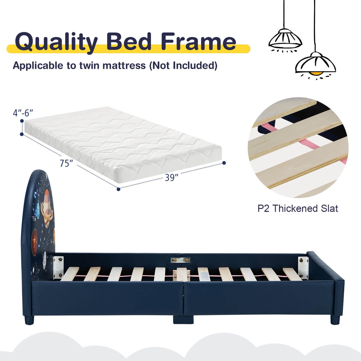Twin Size Upholstered Platform Bed, Dark Blue Toddler Beds at Gallery Canada