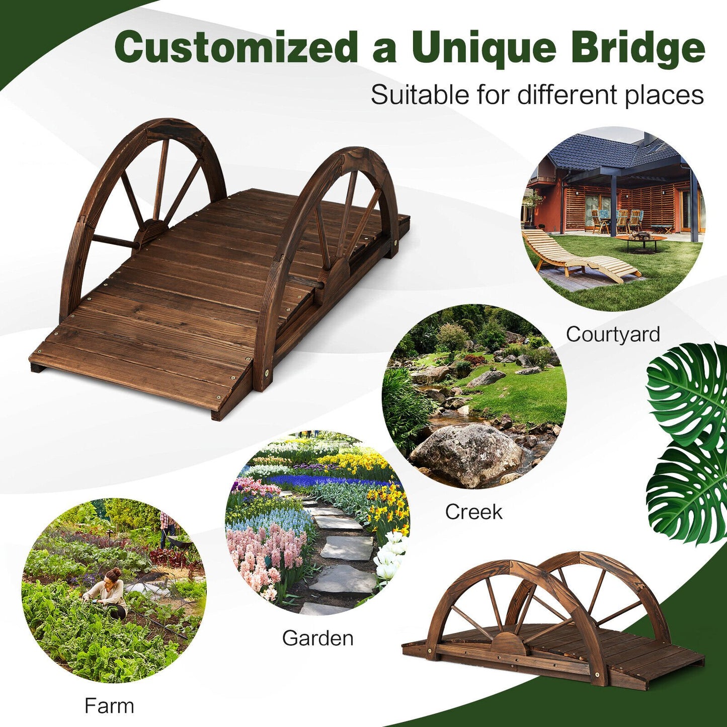 3.3 Feet Wooden Garden Bridge with Half-Wheel Safety Rails, Rustic Brown
