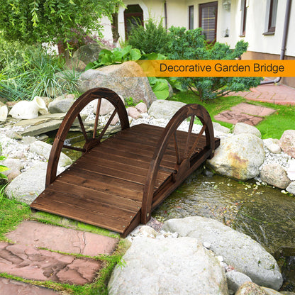 3.3 Feet Wooden Garden Bridge with Half-Wheel Safety Rails, Rustic Brown