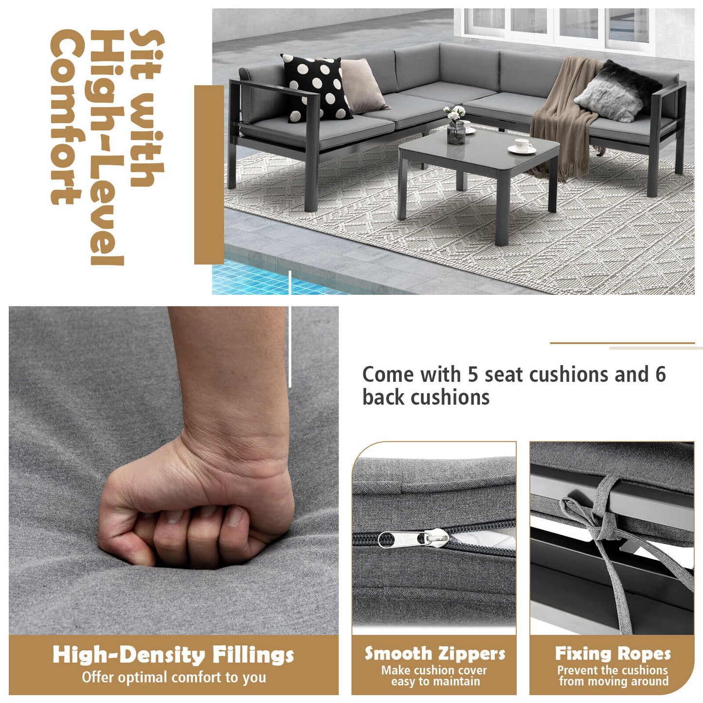 3-Piece Aluminum Patio Set, 6-Level Adjustable Backrest, Gray Outdoor Sectionals at Gallery Canada