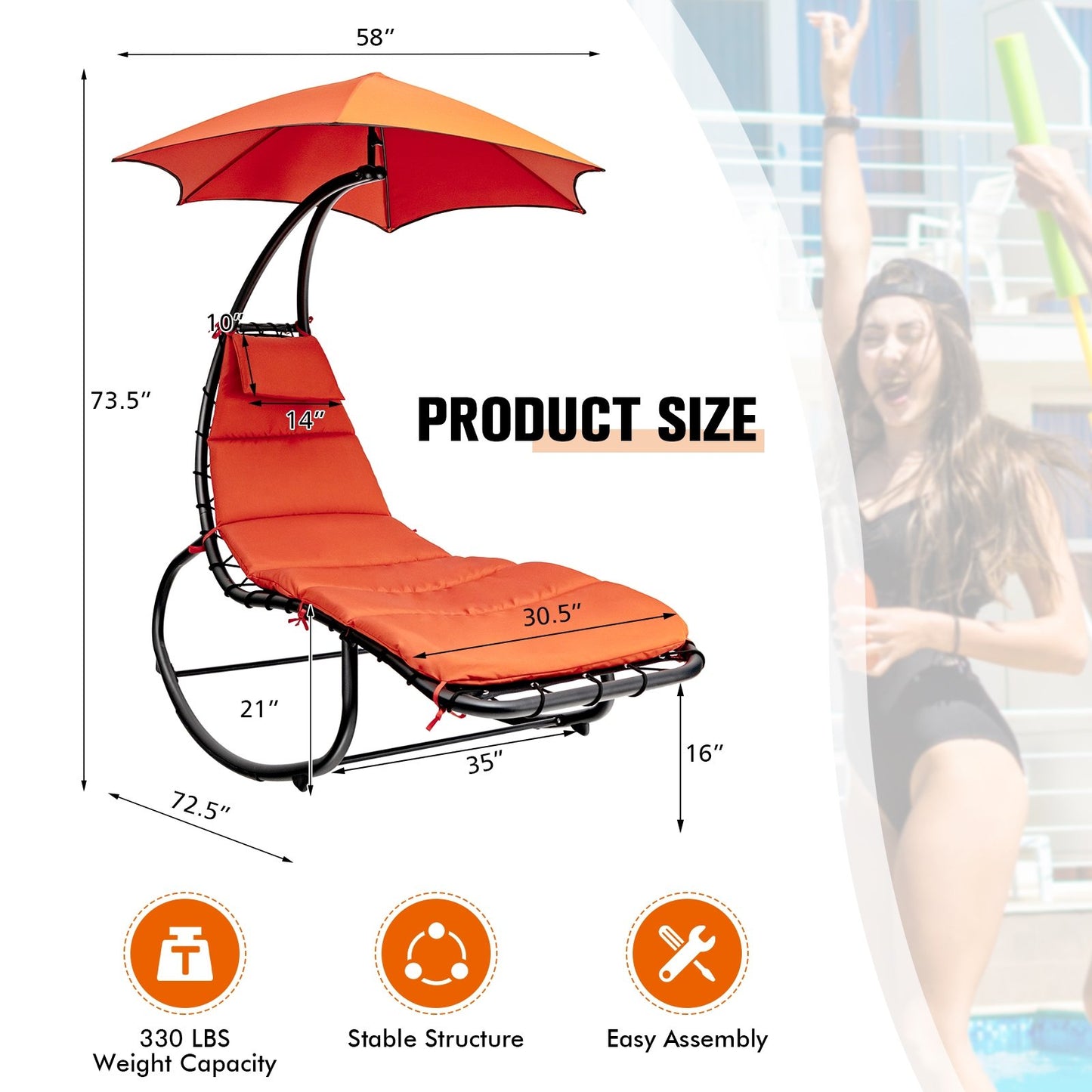 Hammock Chair with Shade Canopy and Built-in Pillow, Orange