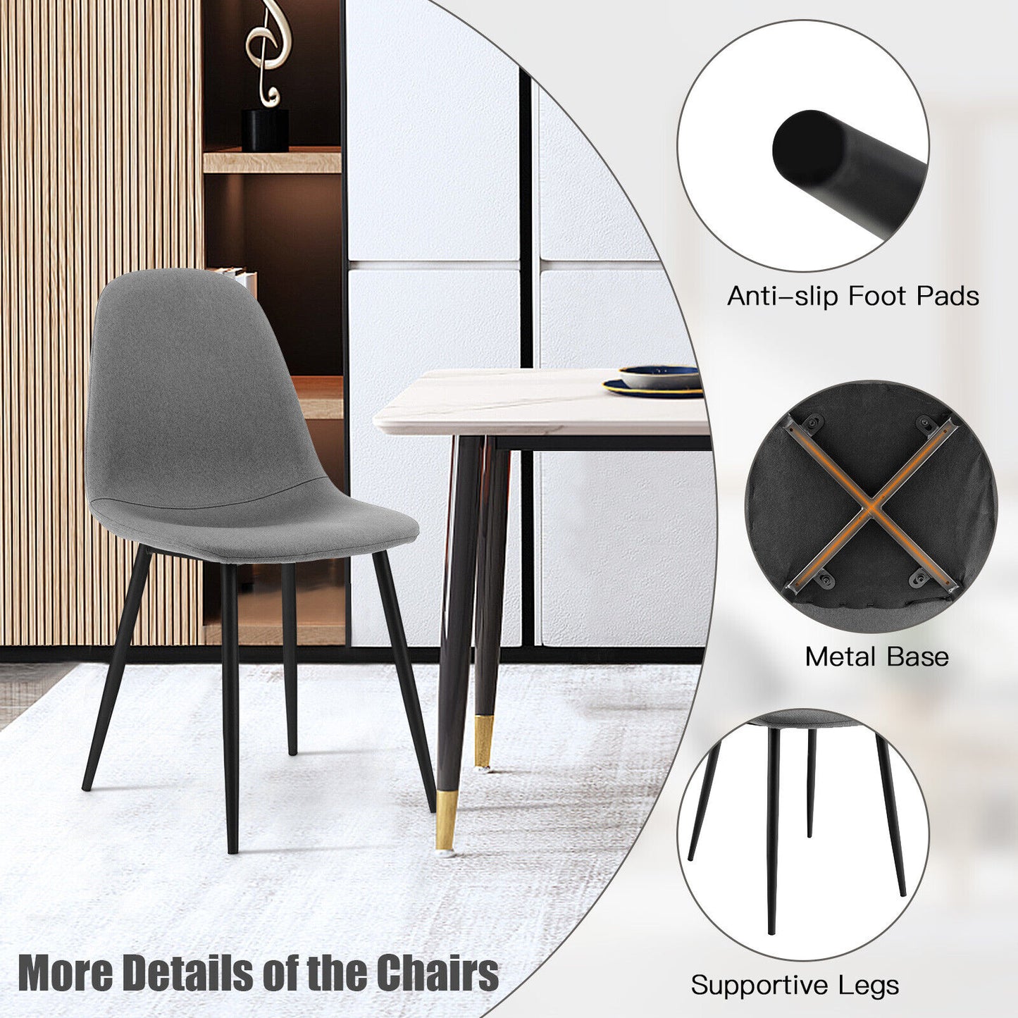 Dining Chairs Set of 2, Metal Legs, Gray, Black