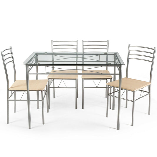 5 Piece Dining Set, Glass Table And 4 Chairs, Natural