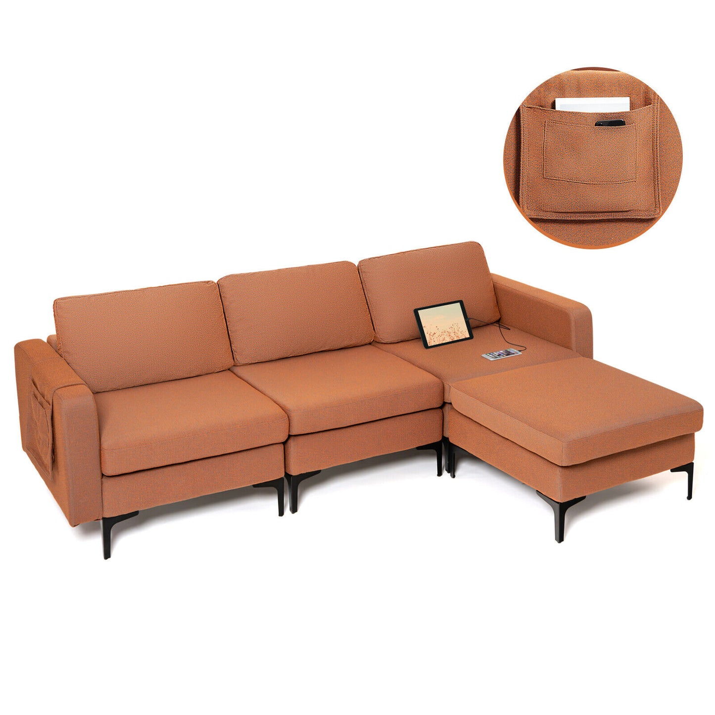 Modular L-shaped Sectional Sofa with Reversible Chaise and 2 USB Ports, Orange Sofas & Loveseats at Gallery Canada