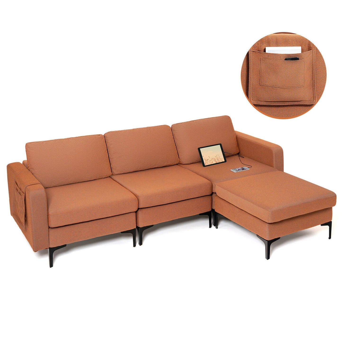 Modular L-shaped Sectional Sofa with Reversible Chaise and 2 USB Ports, Orange