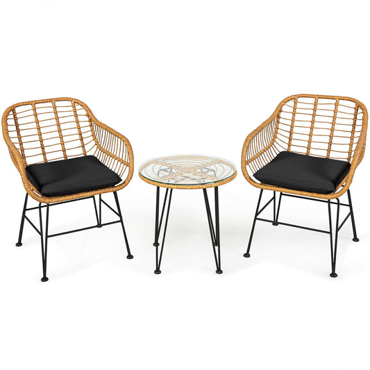 3 Pieces Rattan Furniture Set with Cushioned Chair Table, Black at Gallery Canada