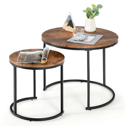 Set of 2 Modern Round Stacking Nesting Coffee Tables for Living Room, Rustic Brown at Gallery Canada