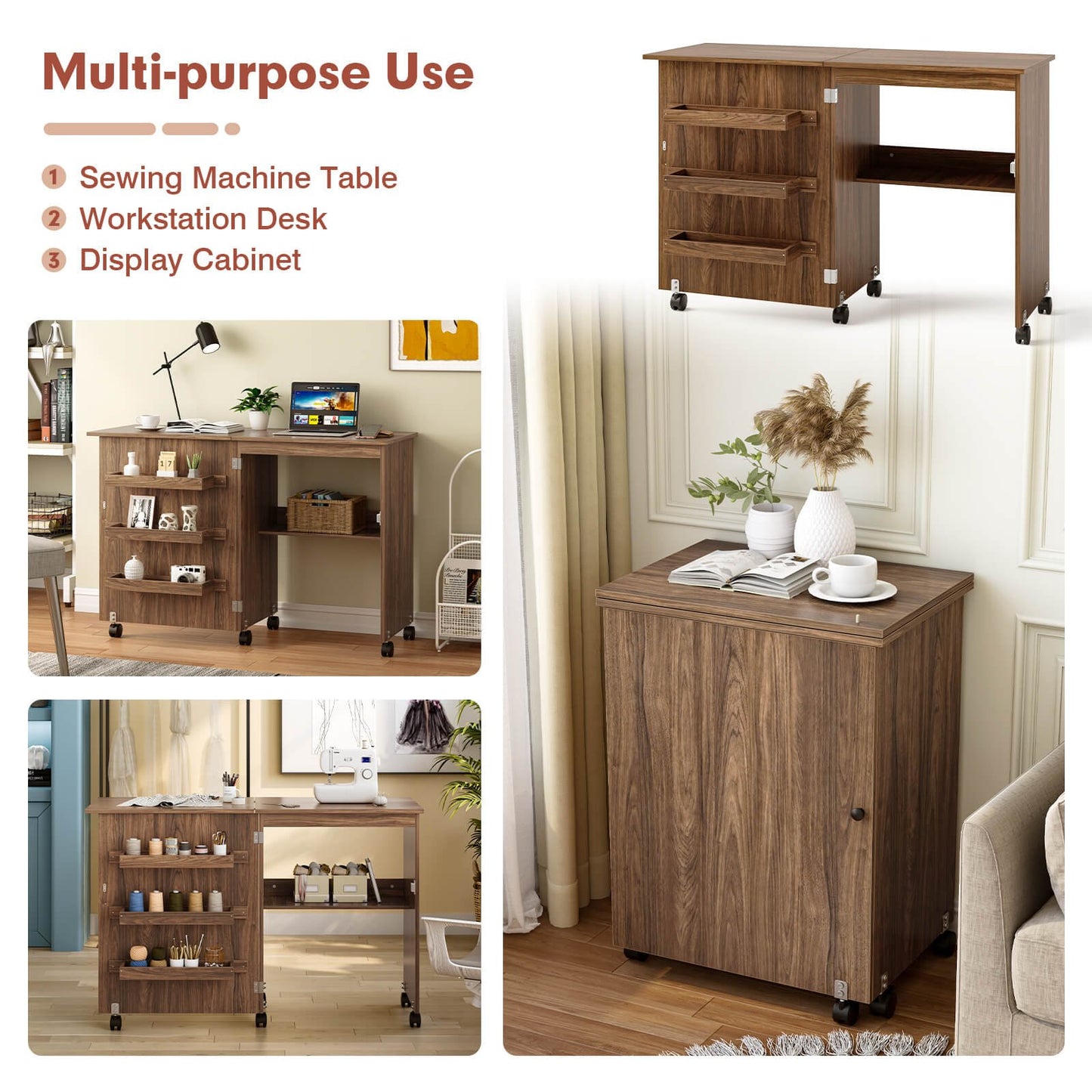Folding Sewing Craft Table Shelf Storage Cabinet Home Furniture, Brown at Gallery Canada