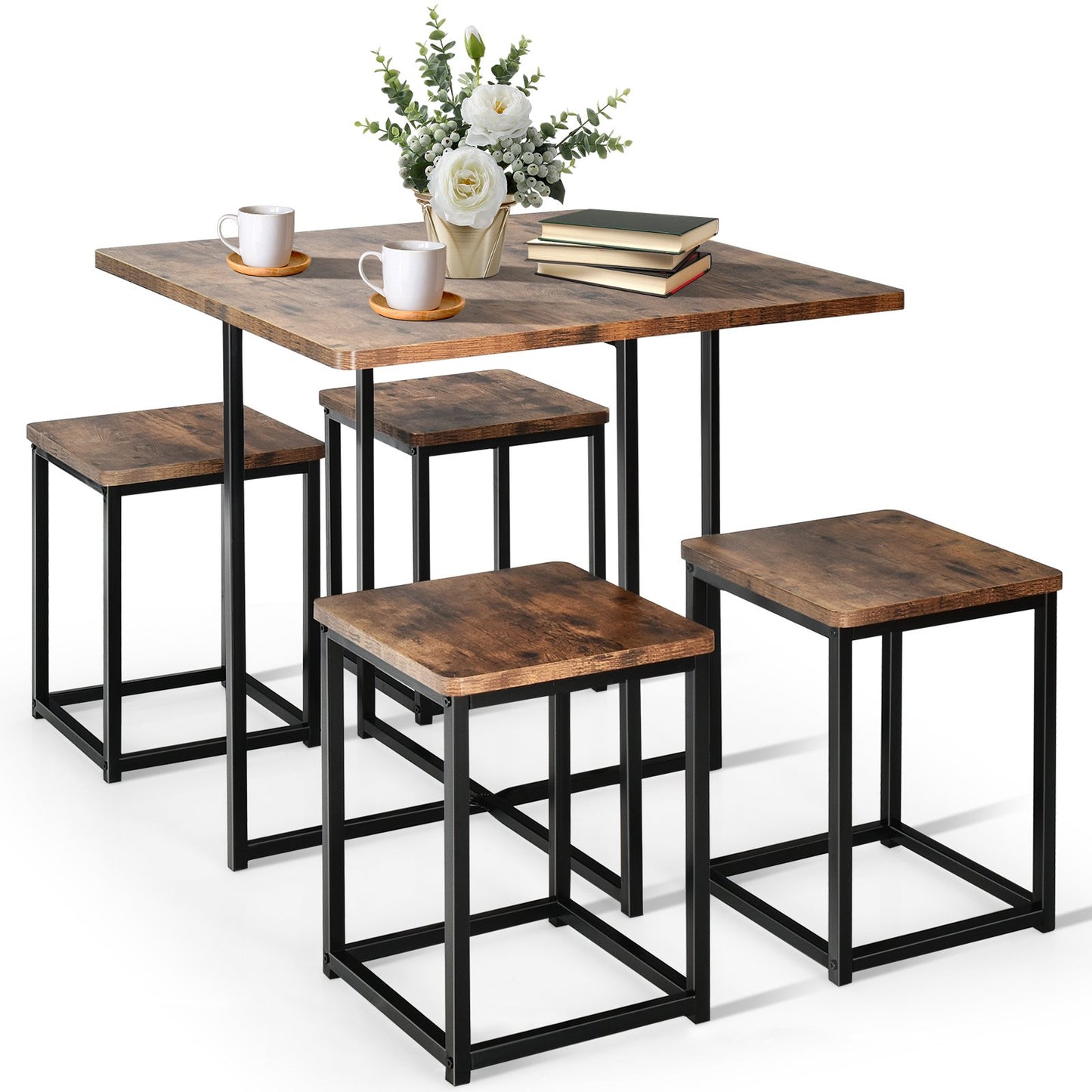 5 Pieces Metal Frame Dining Set with Compact Dining Table and 4 Stools , Walnut at Gallery Canada